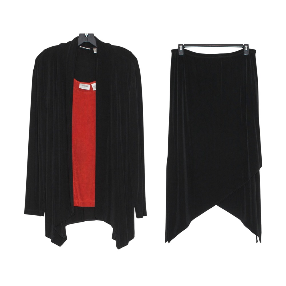Chicos Travelers Skirt Set Slinky Stretch Asymmetrical Minimalist Black Red 3 XL